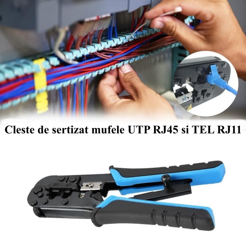 Cleste sertizat mufe UTP RJ45 si telefonie RJ11 utilizat la tablou retea cu cabluri