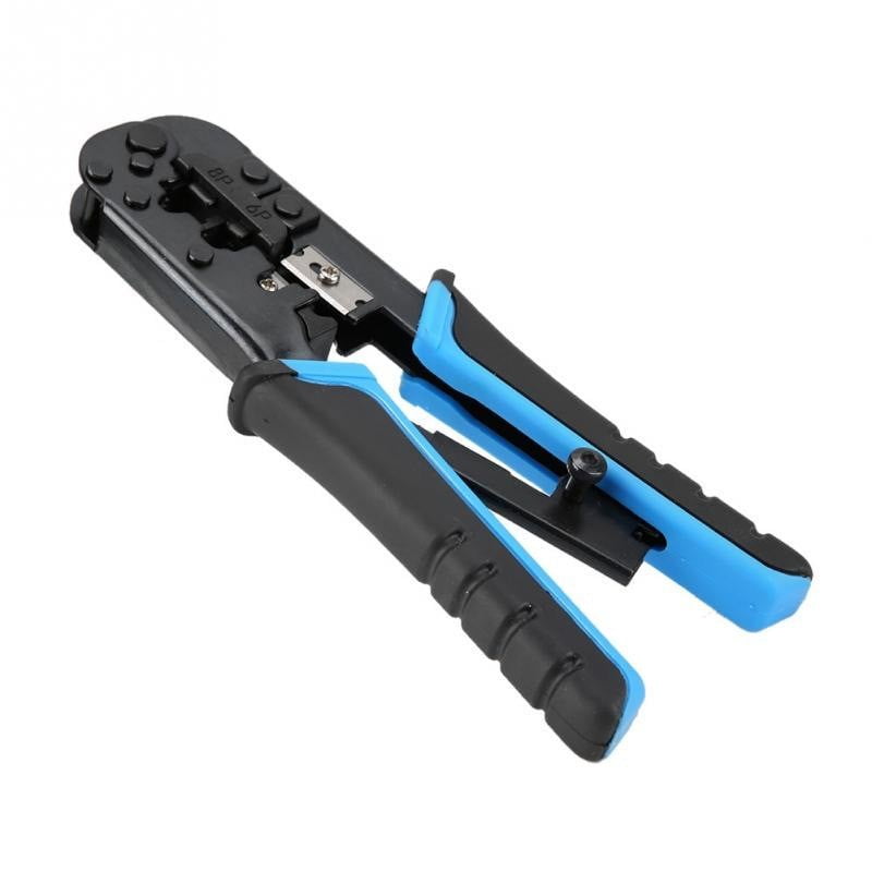 Cleste sertizat retea vedere laterala, maner albastru-negru si locasuri sertizare RJ45 RJ11