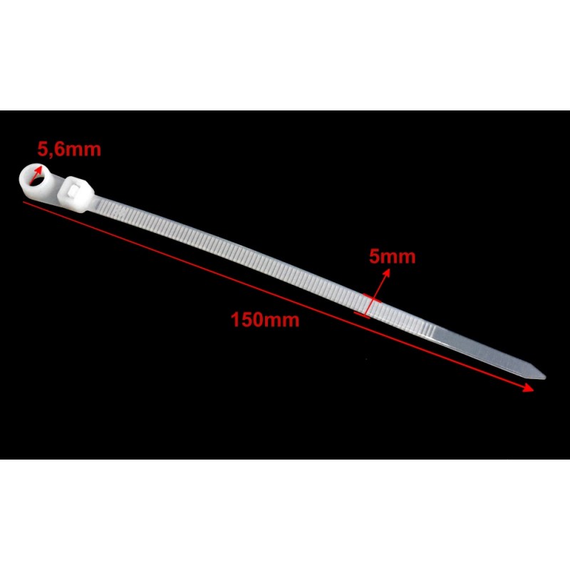 Colier plastic cu cap montabil 150mm lungime, 5mm latime, dimensiuni marcate cu sageti
