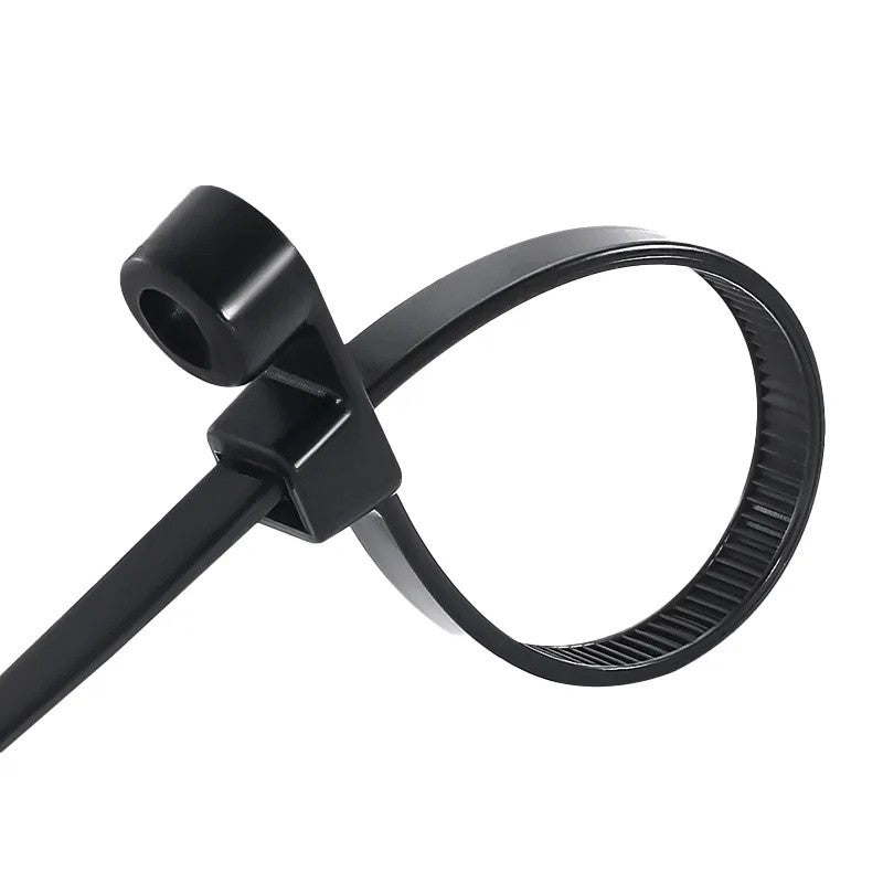 Colier plastic negru 5x200mm cu buclă formata, detaliu mecanism de prindere dintat