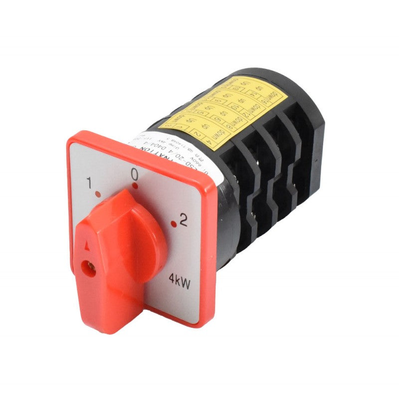 Comutator rotativ 4 came 20A 4kW, 3 pozitii 1-0-2, carcasa neagra cu maneta rosie