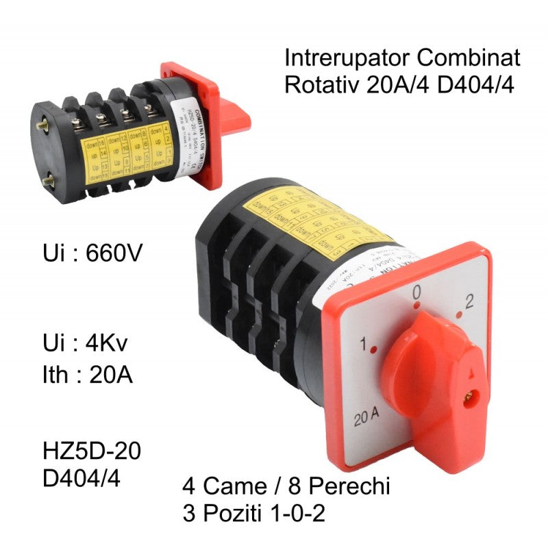 Comutator rotativ 20A 660V, infografic cu specificatii tehnice si unghiuri de produs