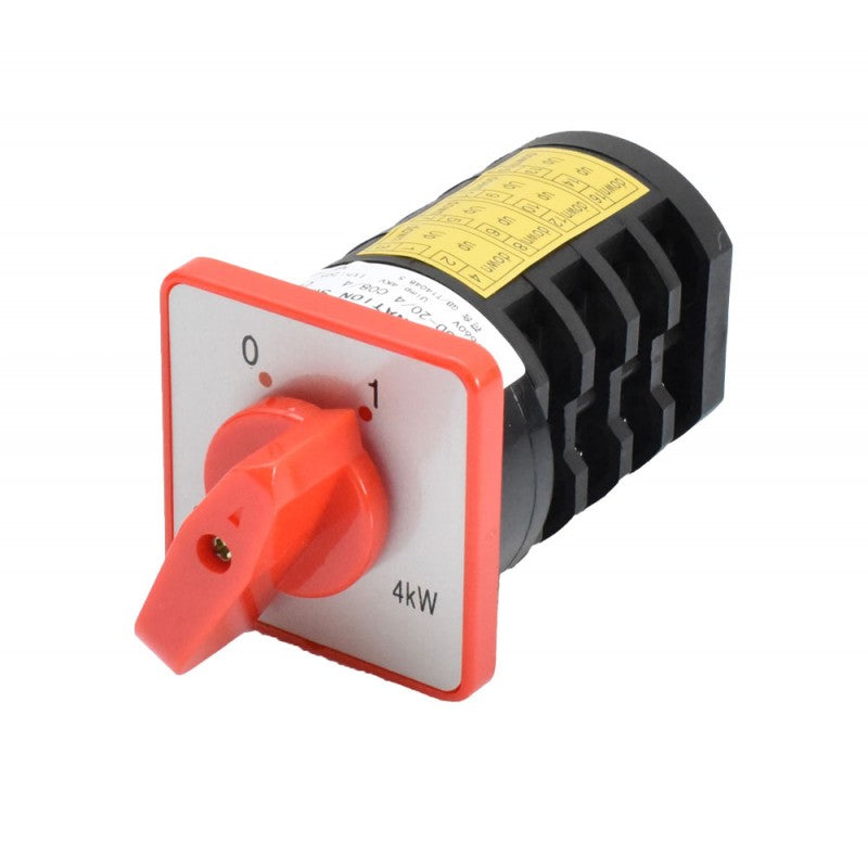 Comutator rotativ 4kW 20A, pozitii 1-0 vizibile pe cadran, maner rotativ rosu frontal