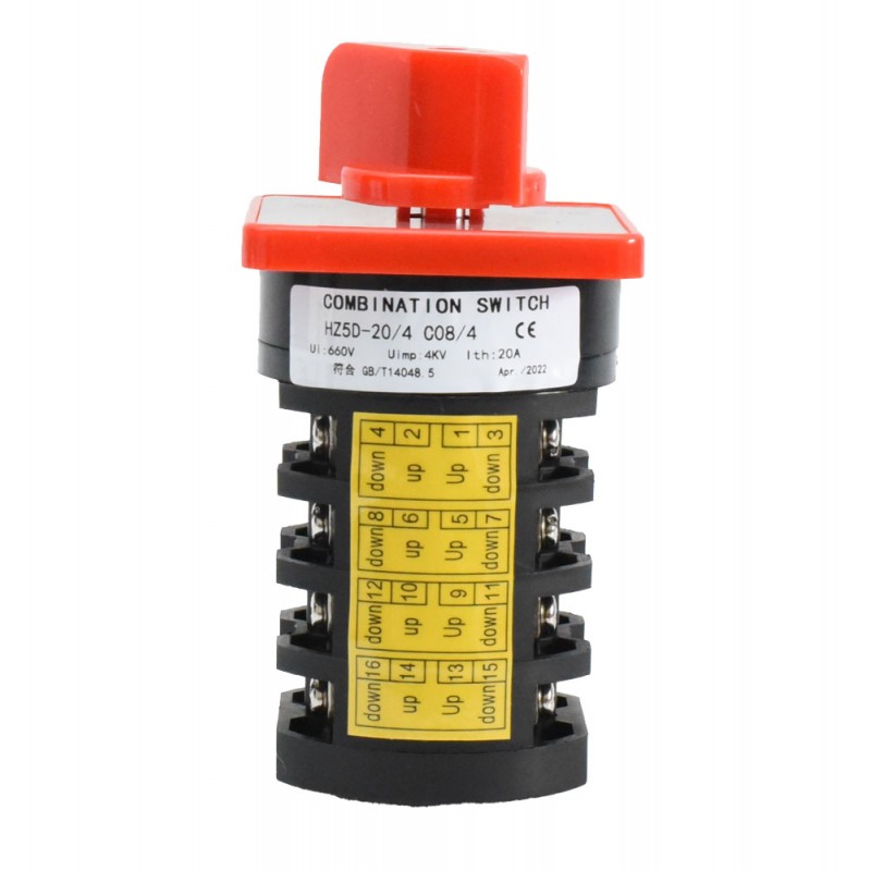 Comutator rotativ 20A 660V vazut din spate, schema conexiuni contacte pe eticheta galbena