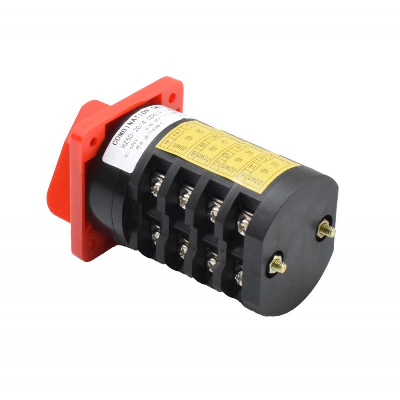 Comutator rotativ 20A 660V, unghi lateral cu placa montaj rosie si borne de conexiune