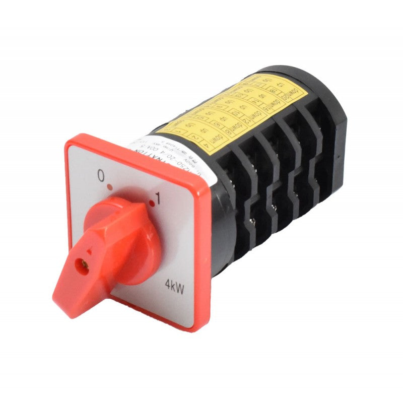 Comutator rotativ industrial 20A 4kW, 5 came, 2 pozitii 1-0, maner rosu, montaj panou 51mm