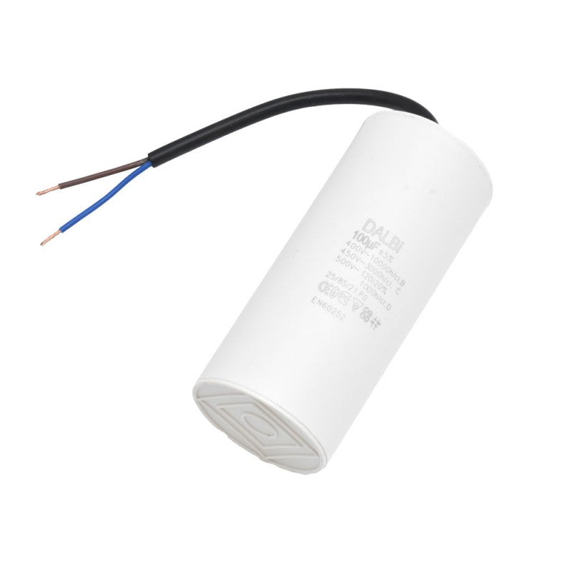 Condensator pornire motor 100uF 450V AC, corp cilindric alb cu doua fire de conectare