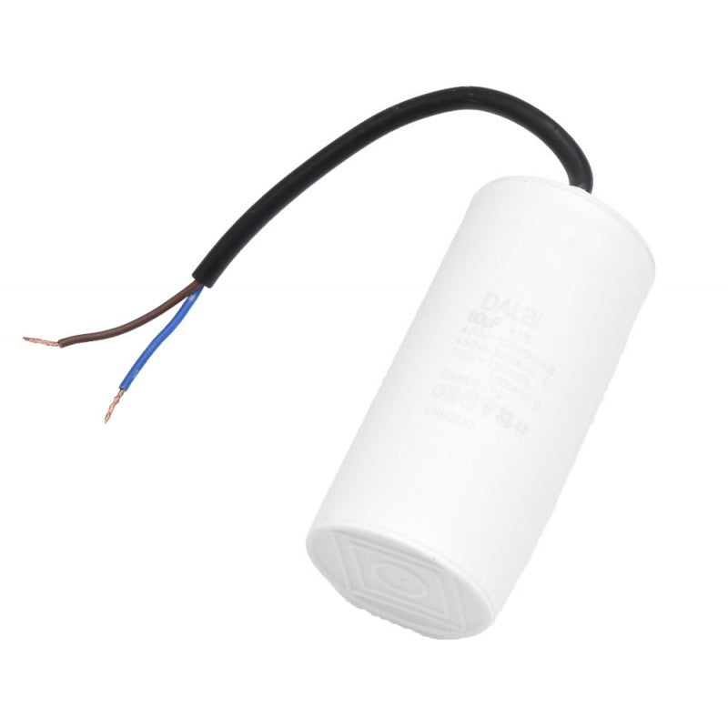 Condensator pornire motor 60uF 450V cu fire preinstalate, carcasa cilindrica alba pentru motoare monofazate