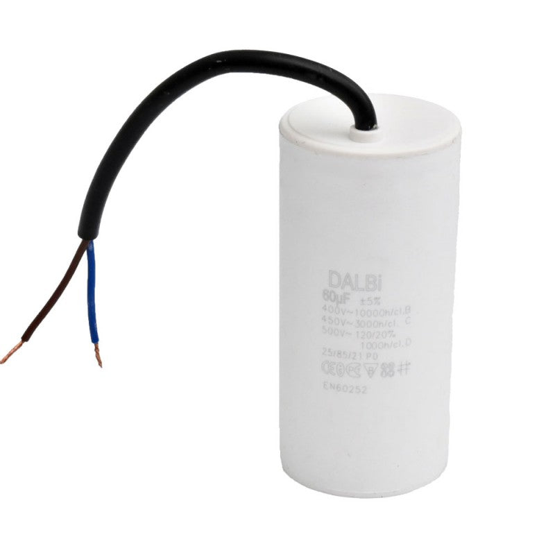 Condensator motor 60uF 450V vedere frontala cu eticheta tehnica si fire de conectare albastre si maro