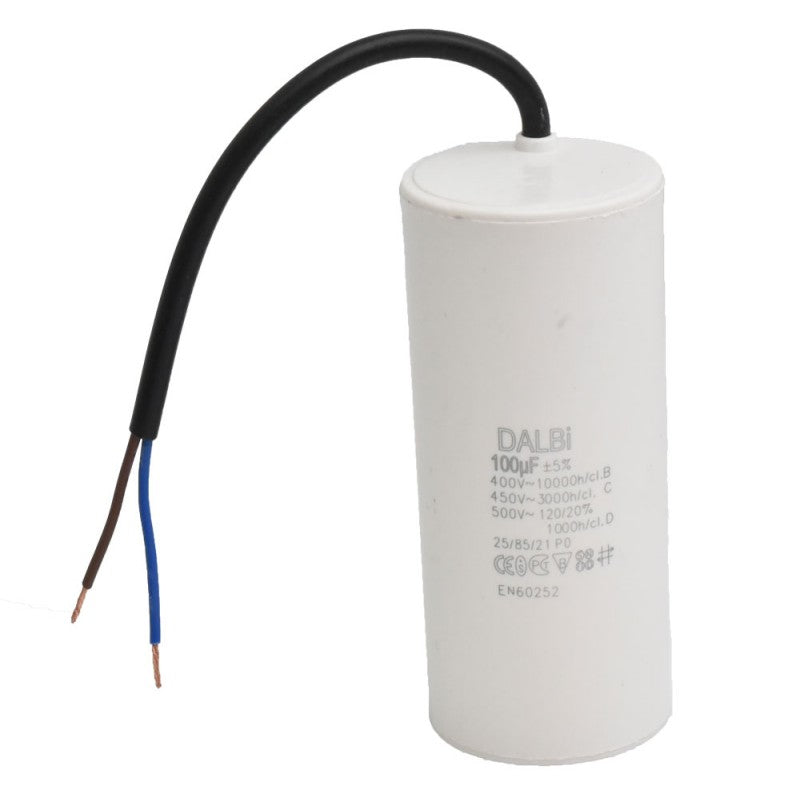 Condensator motor 100uF 450V, vedere frontala cu eticheta tehnica si fire bicolore