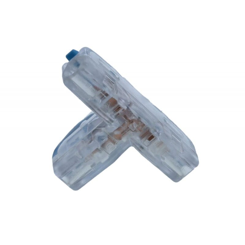Conector electric rapid tip T, vedere laterala care evidentiaza constructia compacta transparenta si bornele interne