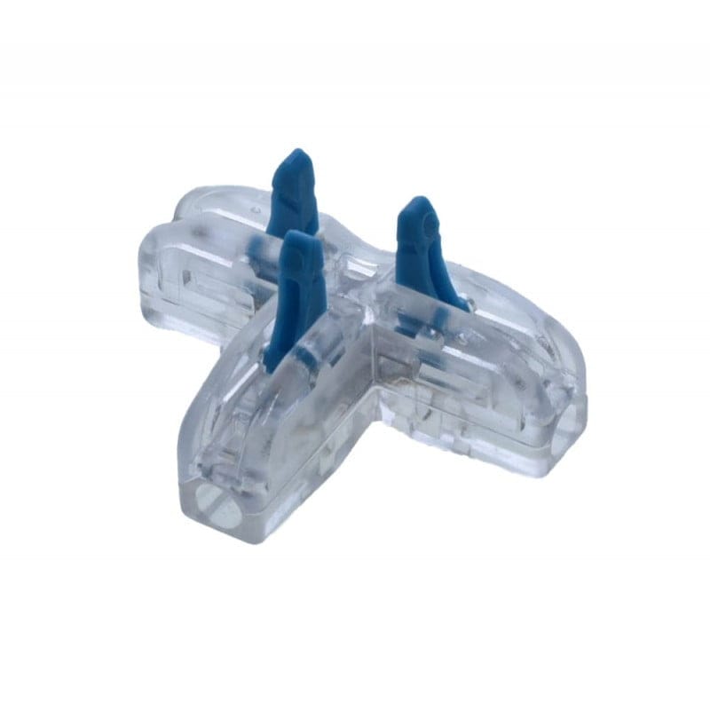 Conector electric rapid tip X cu manete albastre ridicate in pozitie deschisa, pregatit pentru introducerea cablurilor
