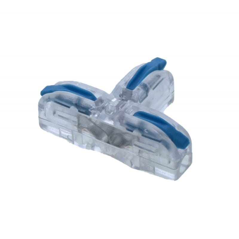 Conector electric tip T cu 3 borne, manete albastre inchise, carcasa transparenta ABS pentru instalatii rapide