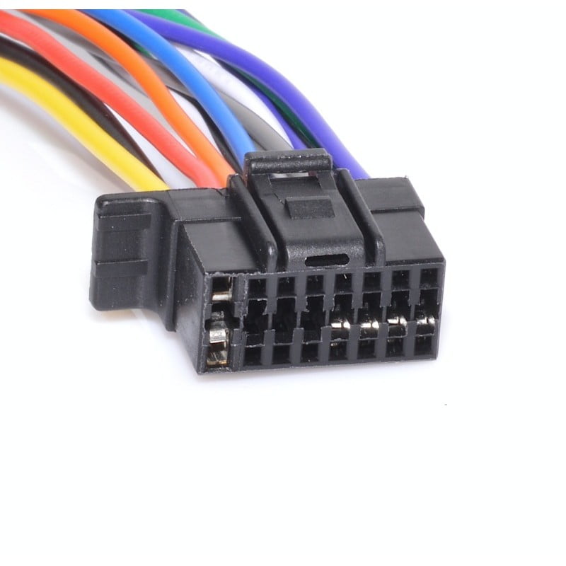 Conector auto ISO 16 pini, detaliu mufa neagra cu pini metalici si fire multicolore
