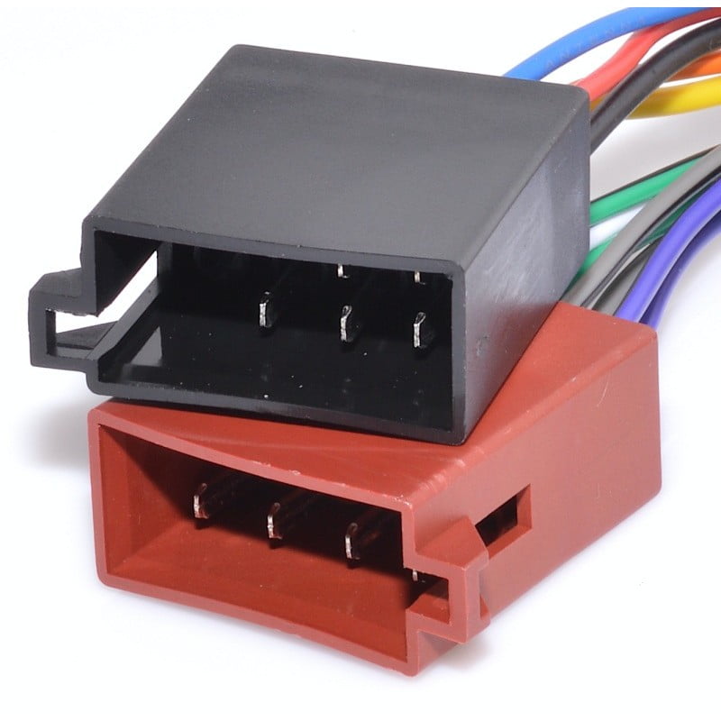 Conector auto ISO, mufa rosie si neagra tata cu pini metalici vizibili, cablu multicolor