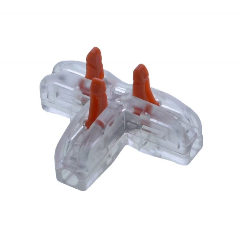 Conector tip cruce cu manetele portocalii ridicate in pozitie deschisa pentru introducerea cablurilor