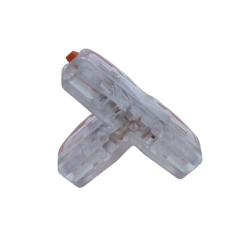 Conector electric tip T vazut din lateral, carcasa transparenta cu mecanism interior vizibil
