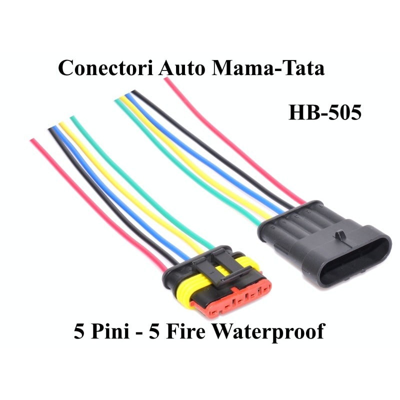Pereche conectori auto waterproof 5 pini mama-tata cu fire multicolore de 13 cm