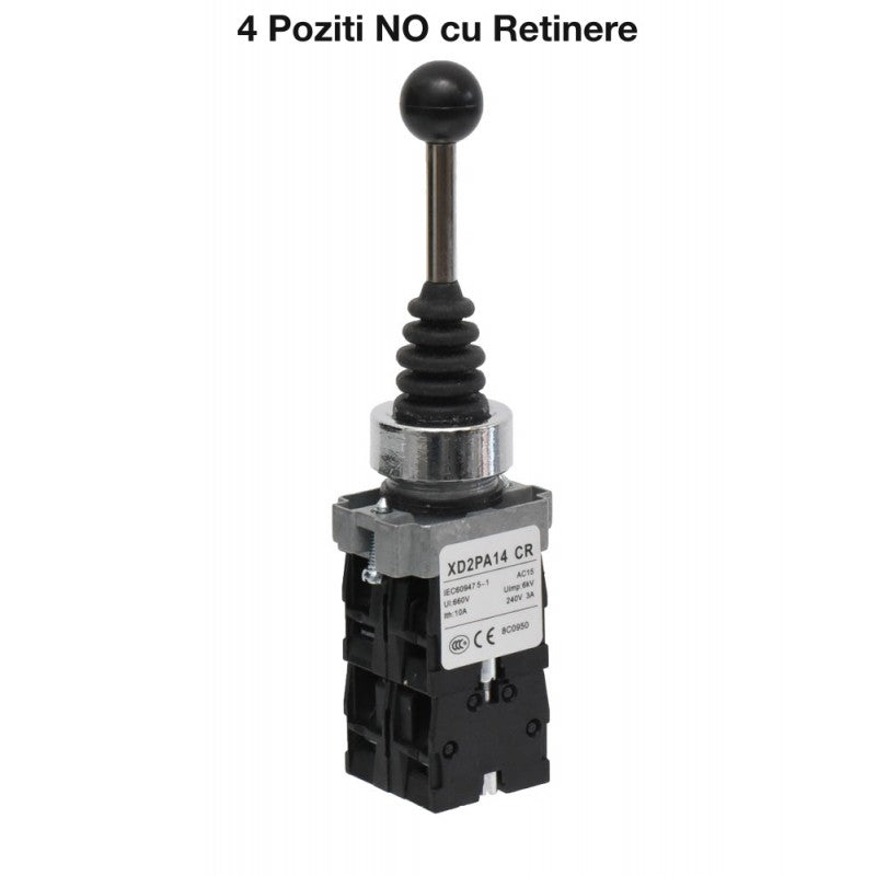 Joystick industrial 4 pozitii NO cu retinere, montaj 22mm, vedere frontala completa