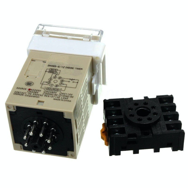 releu de timp vazut din spate cu schema de conexiuni, contact 5A 250V AC, soclu detasat