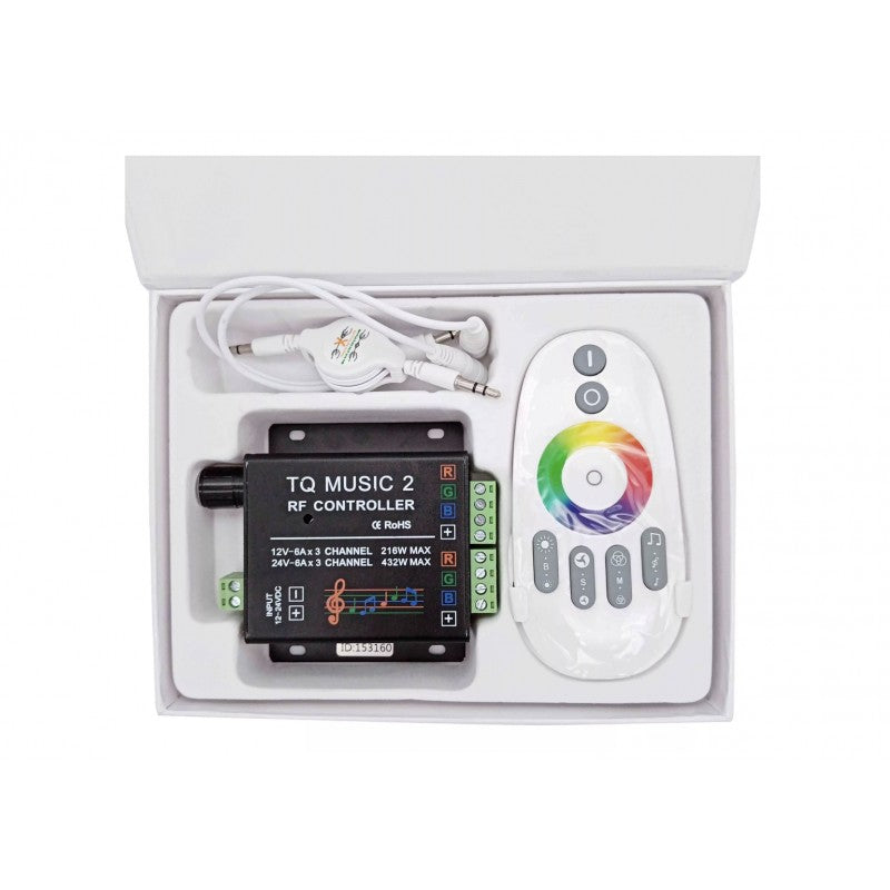 Controller LED RGB cu telecomanda touch RF prezentat in cutia de ambalaj
