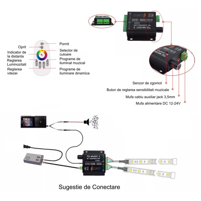 Controller banda LED RGB schema conectare cu senzor zgomot, mufa jack 3.5mm si alimentare DC 12-24V