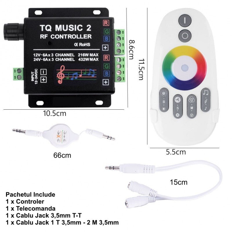Controller LED RGB 216W dimensiuni 10.5cm, telecomanda 11.5x5.5cm si cabluri jack incluse in pachet