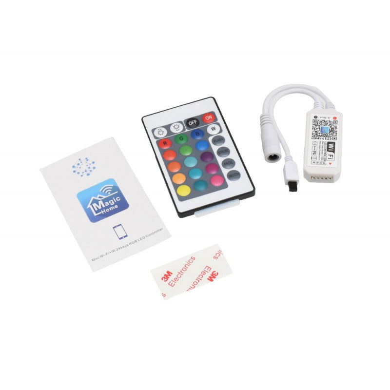 Kit controller WiFi RGB cu telecomanda IR, conector 4 pini, adeziv 3M si manual de utilizare incluse