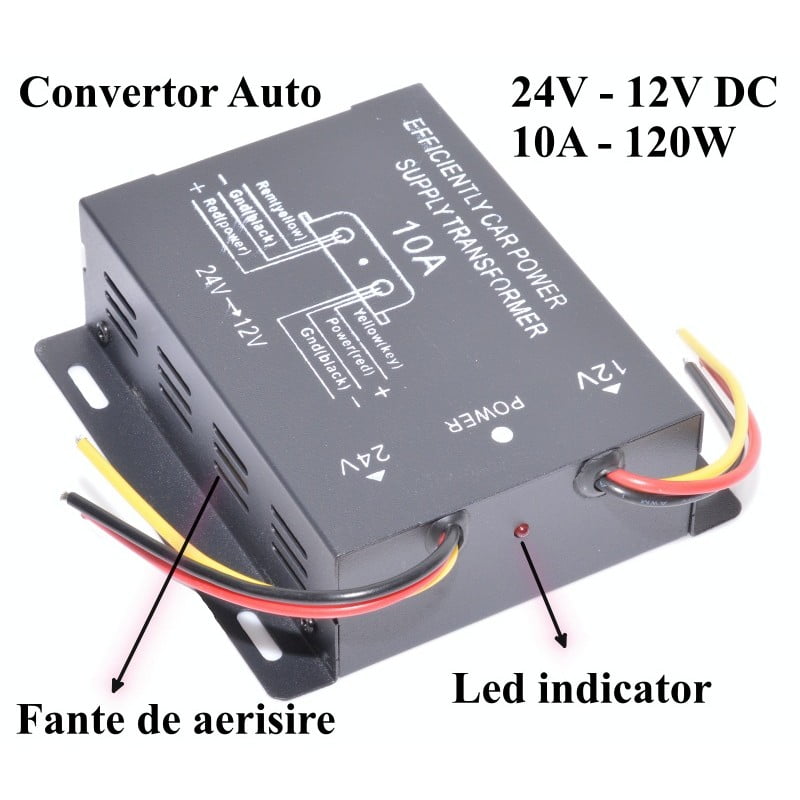 Convertor auto 10A cu fante de aerisire laterale si LED indicator de functionare vizibil pe carcasa