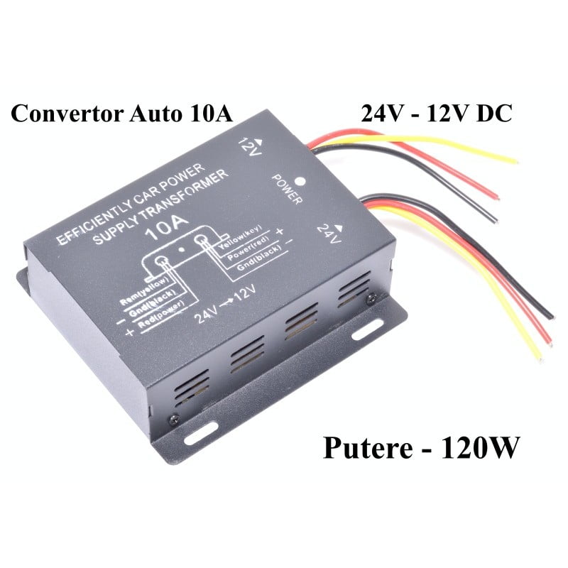 Convertor auto tensiune 24V-12V DC 120W vazut din fata, cu fire codificate color rosu negru galben