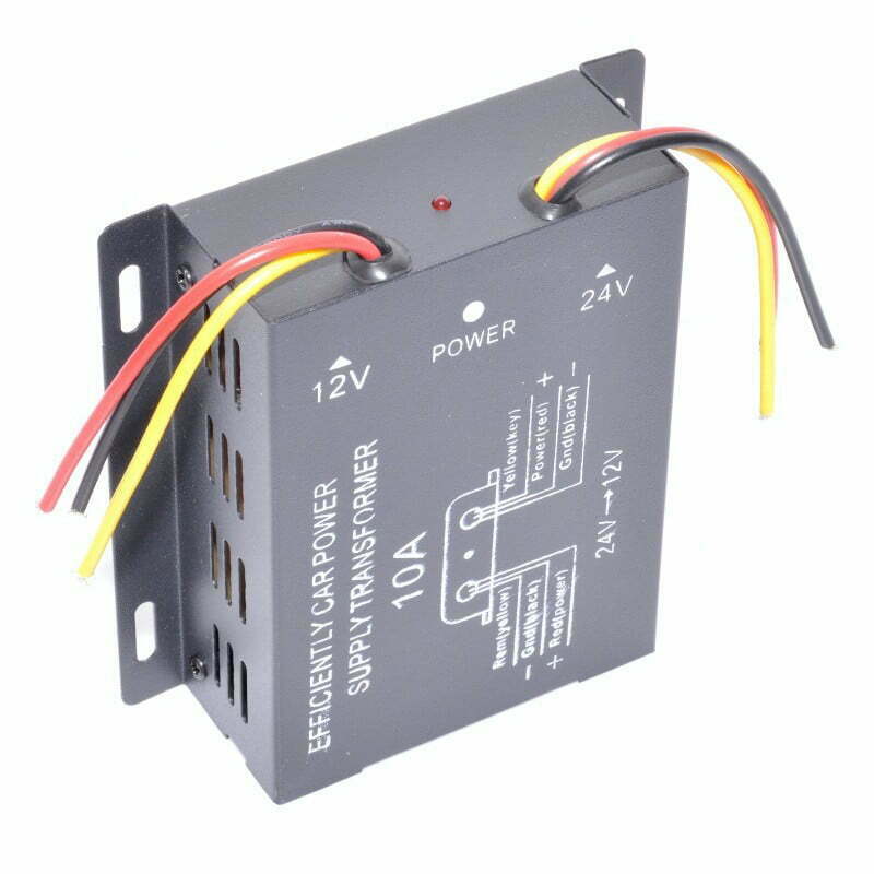 Convertor tensiune auto 24V-12V DC 10A 120W, carcasa metalica neagra cu fire conectare si suporturi montaj