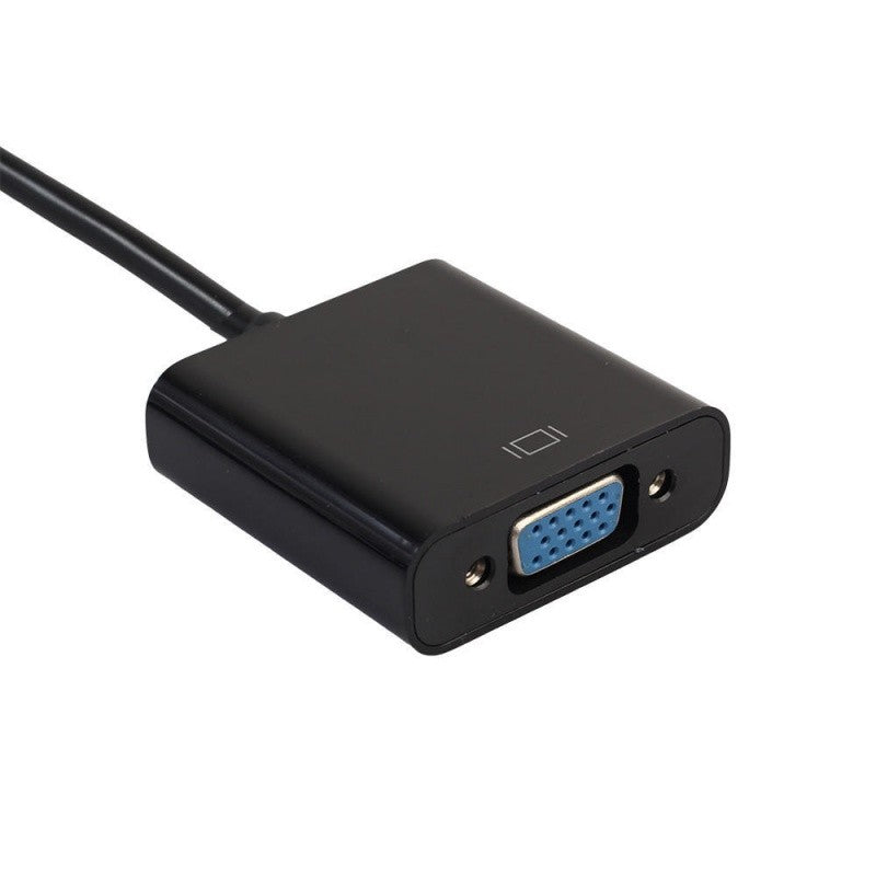 Adaptor HDMI la VGA, detaliu port VGA mama albastru si design carcasa lucios negru