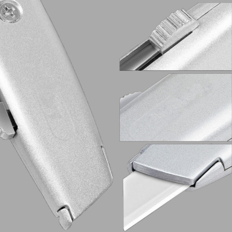 Cutter metalic, detalii constructive: mecanism de blocare, lama trapezoidala si corp aluminiu