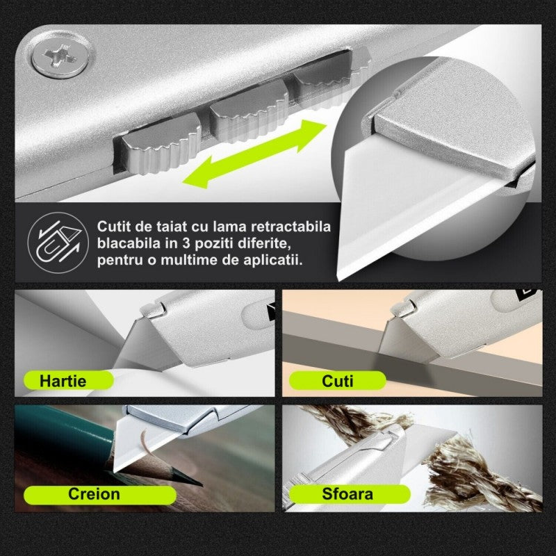 Cutter cu lama retractabila in 3 pozitii, utilizari multiple: hartie, cutii, creion, sfoara
