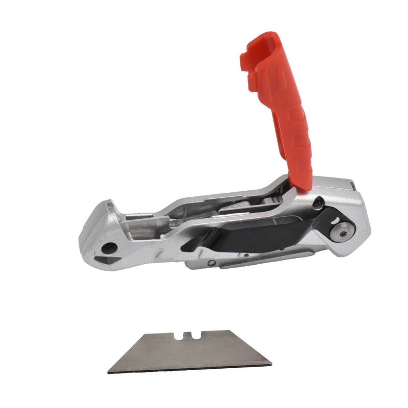 Cutter pliabil deschis cu lama trapezoidala de rezerva detasata, corp din aluminiu