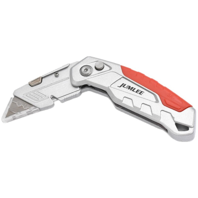 Cutter pliabil din aluminiu cu maner antiderapant rosu, 4 lame incluse, sistem de blocare in 3 pozitii