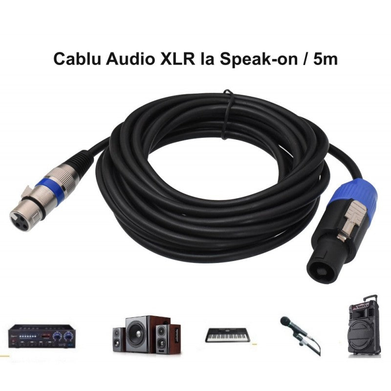 Cablu audio XLR-Speakon 5m utilizat cu amplificatoare, difuzoare, mixere si sisteme audio portabile
