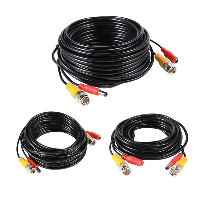Set cabluri coaxiale BNC cu alimentare DC pentru CCTV, trei variante de lungime pe fond alb