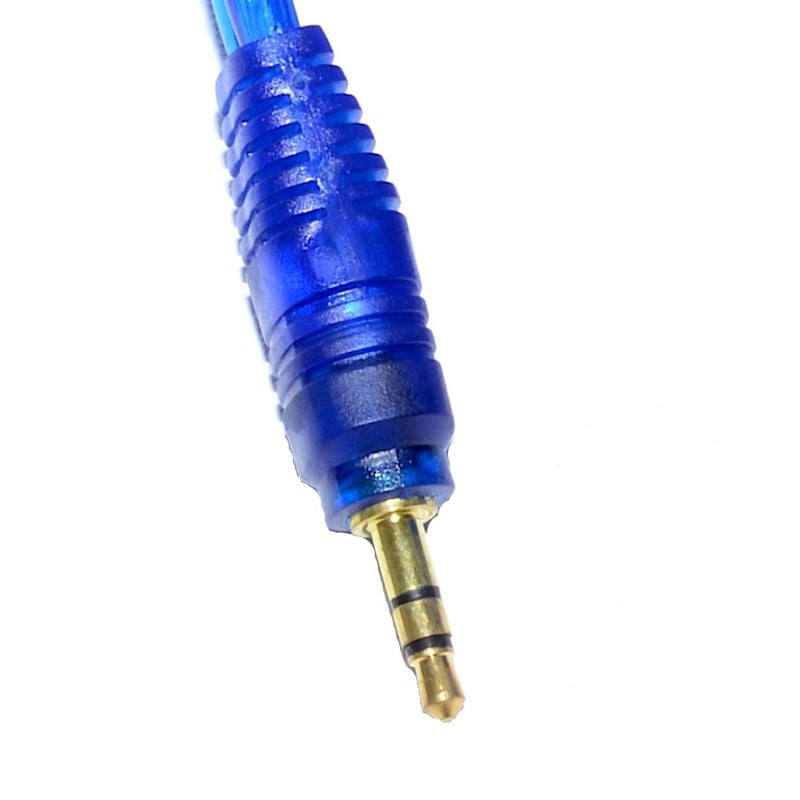 Cablu audio jack 3,5mm tata stereo cu conector aurit si carcasa albastra transparenta, detaliu