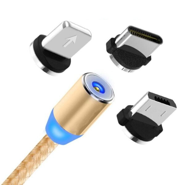 Cablu magnetic auriu 3 in 1 cu LED albastru si mufe interschimbabile Lightning Micro USB Type-C
