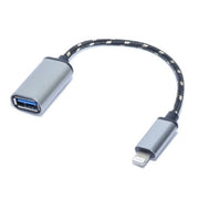 Cablu OTG Lightning la USB 3.0 mama, 15 cm, cablu impletit cu conectori metalici, gri