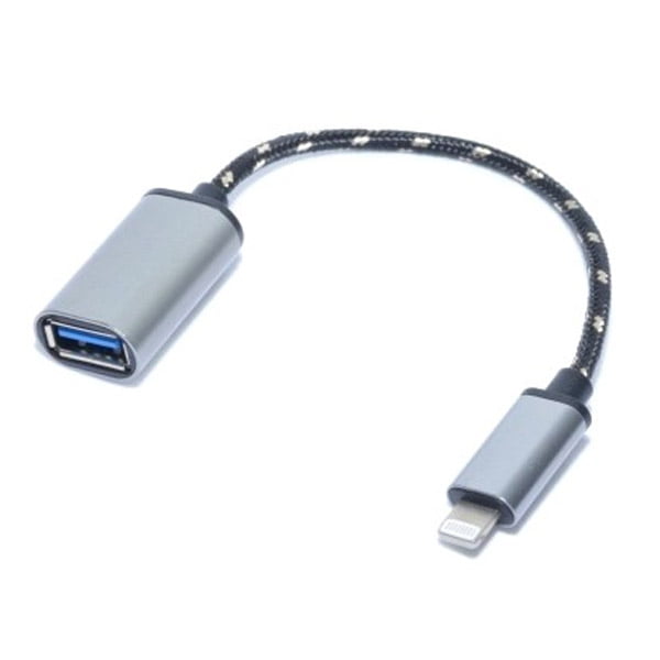 Cablu OTG Lightning la USB 3.0 mama, 15 cm, cablu impletit cu conectori metalici, gri