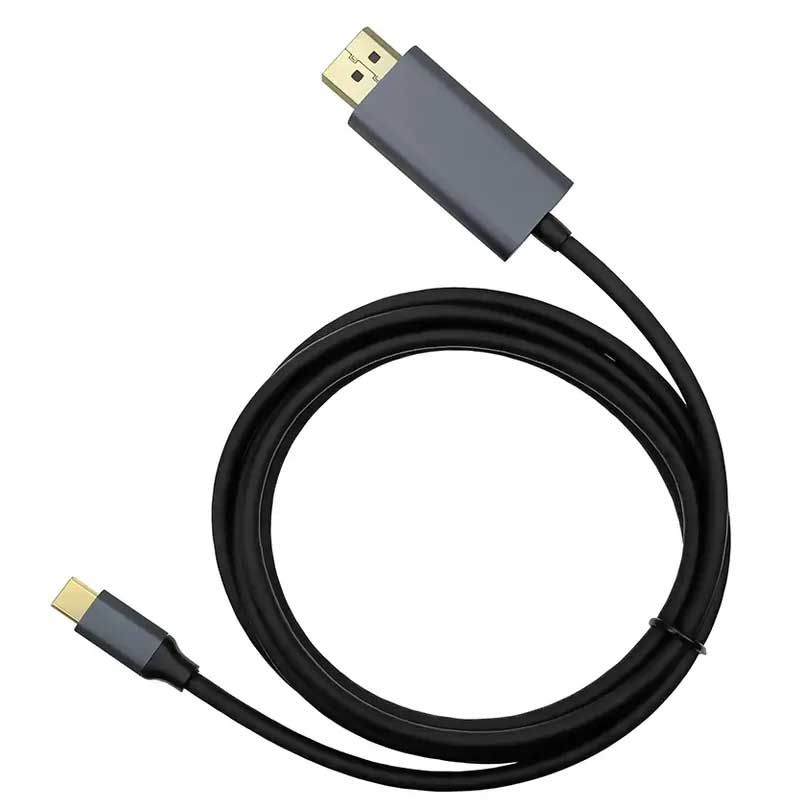Cablu USB-C la DisplayPort 1.8m, vedere de sus cu ambii conectori auriti vizibili