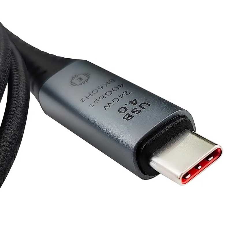 Conector USB-C 4.0 cu mufa rosie, carcasa aluminiu, 240W PD si 40Gbps, detaliu macro