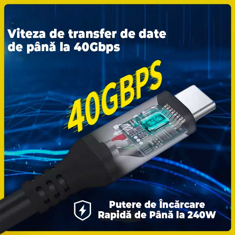 Cablu USB-C 4.0 cu chip intern vizibil, transfer date 40Gbps si incarcare rapida 240W