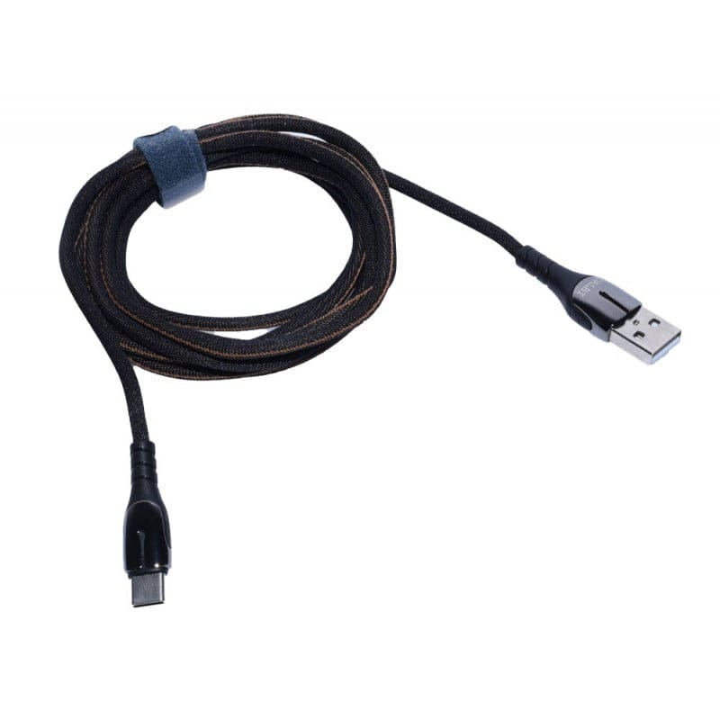 Cablu USB-C 2m rulat, cu banda velcro pentru organizare, invelis textil impletit negru