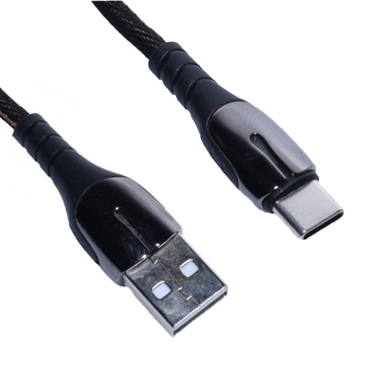 Cablu USB la USB-C impletit negru, 2m, curent 2.4A, invelis textil din poliester, conectori metalici durabili
