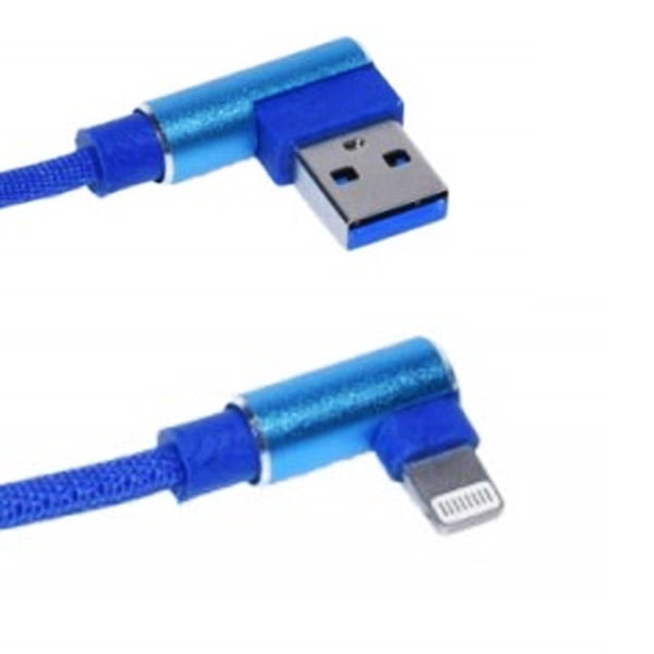 Cablu USB-Lightning cu cot 90 grade, impletit textil albastru, 2.1A, 1m, conectori metalici in unghi