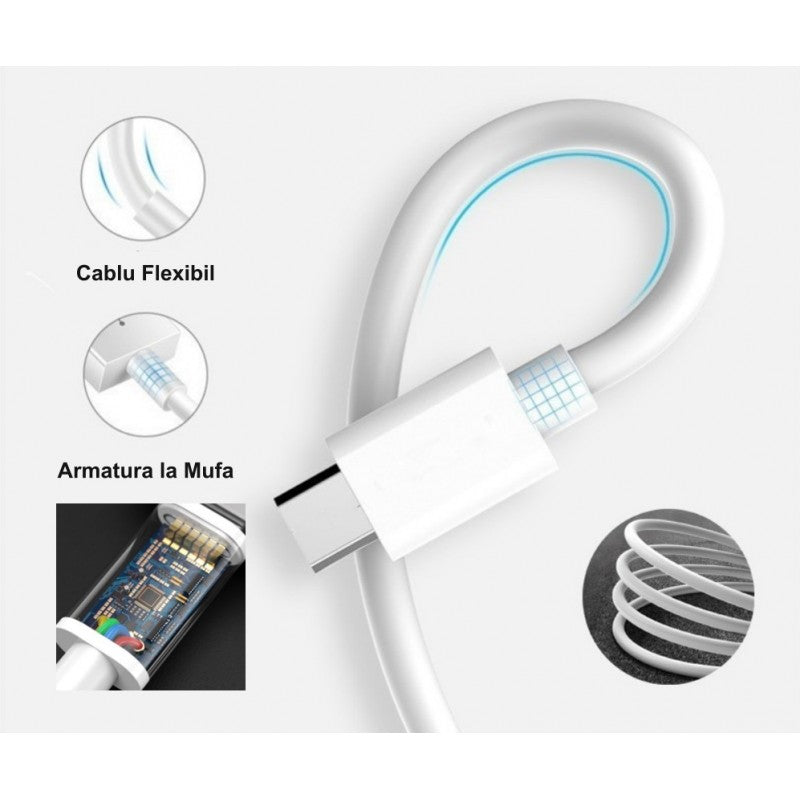 Cablu Type-C flexibil cu armatura la mufa si miez rezistent, constructie durabila
