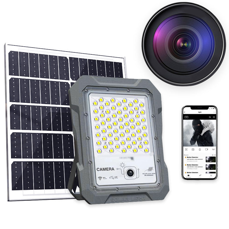 Proiector LED solar 200W cu camera video integrata 1440P, panou solar 30W si control Wi-Fi prin aplicatie mobila